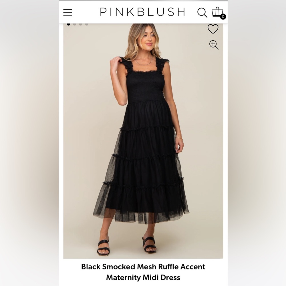 Pinkblush black smocked mesh ruffle accent maternity midi dress